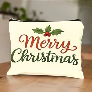 Merry Christmas Holly Leaves Holiday  Makeup Cosmetic Bag  Zipper Lightweight